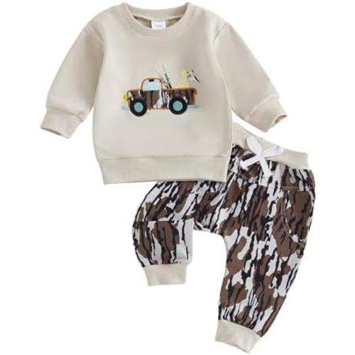 Toddler Baby Boy Fall Outfit Animal Embroidery Sweatshirt Long Pants Set Casual 2Pcs Hunting Outfit