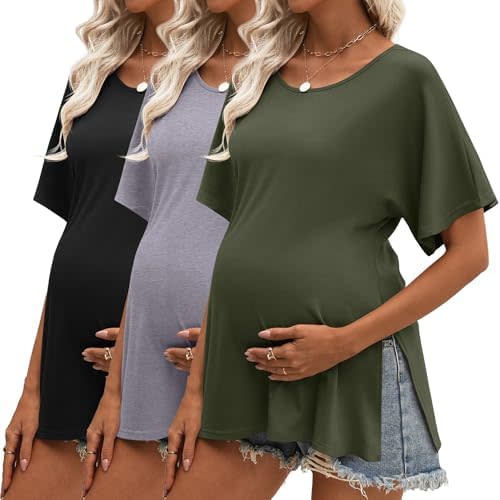 Riyiper 3 Pack Women's Maternity Shirts Cotton Summer Clothes Tunic Split Side Pregnancy Tops Round Neck Oversized Blouse
