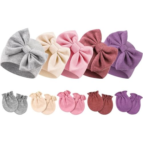 BQUBO Newborn Baby Girls Hats Mittens Set Hospital Hat Beanie Infant Bow Hats Baby Cotton Gloves for 0-6 Months