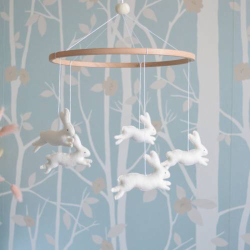 Bunny mobile nursery decor Woodland mobile Baby shower Nursery mobile with bunnies Woodland Felt mobile Rabbit nursery Felt hanging mobile