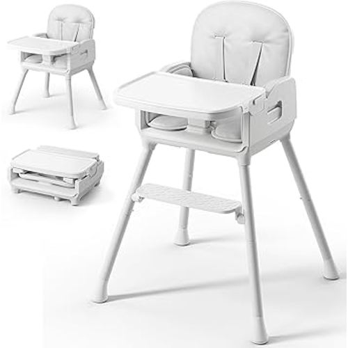 3-in-1 Portable Baby High Chair for Babies and Toddlers, Convertible Easy Clean Infant Foldable Highchair with Adjustable Legs & Dishwasher Safe Tray, Grey