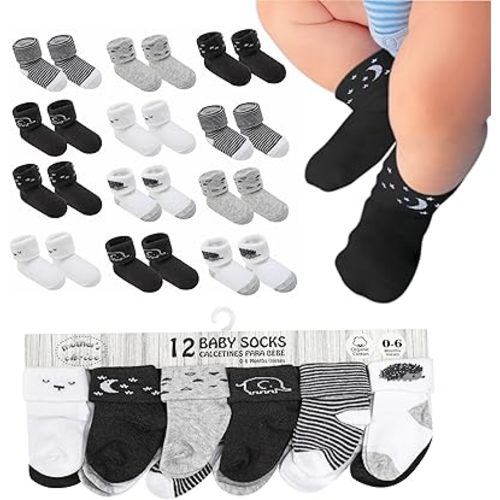 Organic Cotton Baby Socks, 12 Pairs, Unisex 0-6 Months - Soft, Hypoallergenic Newborn & Infant Socks - Baby Girl & Boy Gifts