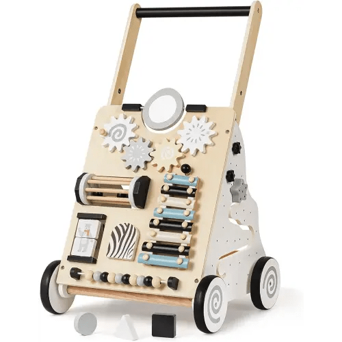 V-Opitos Wooden Baby Walkers, Height and Resistance Adjustable Push Walkers with Learning Activity Center, Baby Sit to Stand Walker Toys, Ideal Gifts for 6-12-18 Months Boy & Girl