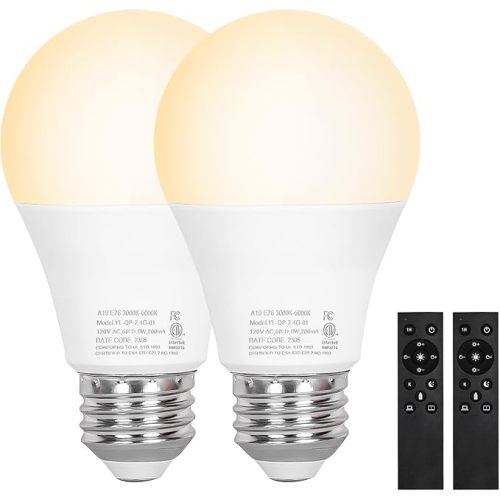 Brilvibera 2 Packs Remote Control Bulb Set, A19 LED Light Bulbs Dimmable Stepless 2700K-6000K, 805 LM, E26 Base, 25000+ Hours Lifespan, LED Bulb for Pendant Light, Table Light, Floor Lamp