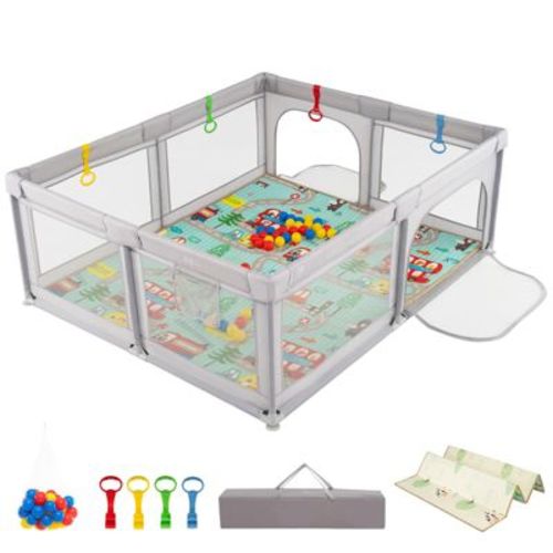 Infans Large Baby Playpen with Mat Baby Play Yard w/ Pull Rings & Ocean Balls Play Area