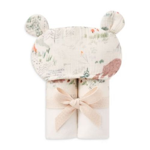 Unisex Organic Print Bear Hooded Wrap Towel - Baby
