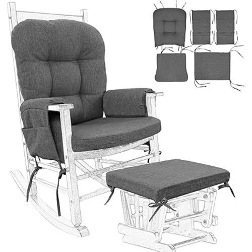 BUYUE Glider Rocker Replacement Cushion 5 PCS with Ties, Linen High-Density Foam Non-Slip & Washable Rocking Chair Pads for Sitting,Gray