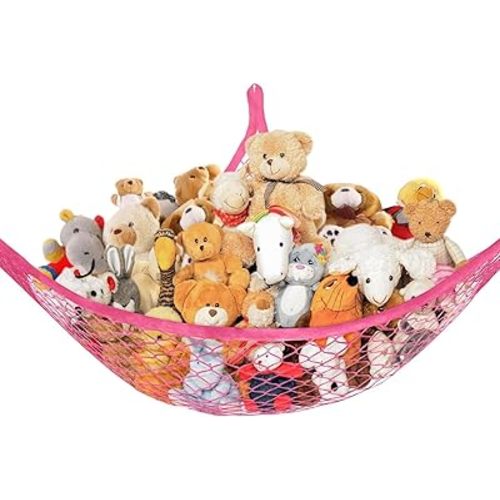 LZ-12 Stuffed Animal Net Hammock for Plushie Toys, Stuffed Animal Hammock Corner for Kids' Room Decor, Ideas for Organizing Stuffy Collection, 1 Pack, Pink