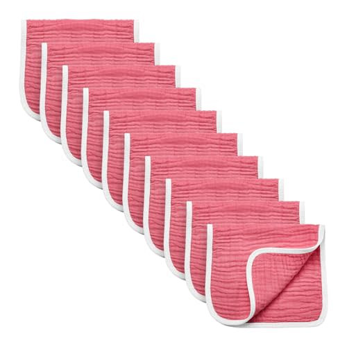Synrroe Muslin Burp Cloths Large Pack of 10 Extra Absorbent and Soft 6 Layers 20 by 10 Inches 100% Cotton (Rose Red 10 Pack)