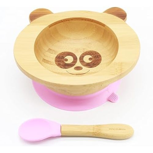 Suction Bowls for Baby- Bamboo Bowls Baby- Kids Bowls and spoon set- Bamboo baby bowls set- Suction Baby Bowl- Baby BPA Free Bowls- Toddler Bowls Suction- LED Weaning Silicone Baby Spoons- Pink