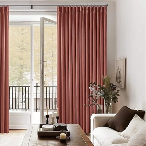 Terracotta Pinch Pleated 100% Blackout Linen Bedroom Curtains 96 Inch Length Double Layer Pleat Curtains Ring Hooks Back Tab Black Out Room Darkening Drapes 96 Inches Long Fall Living Room Red Clay