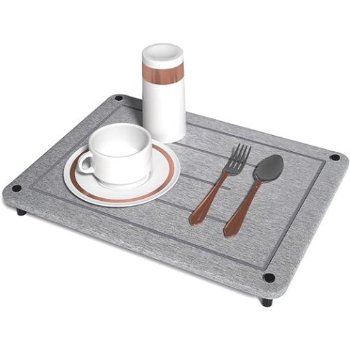 Quick Drying Stone Mat for Kitchen Counter, Super Absorbent Diatomaceous Earth Stone Dish Drying Mats, Non-Slip Dish Drying Stone Pad with Stainless Steel Feet, 15.7"(L)×11.8"(W), Grey