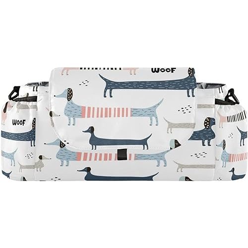 Cute Navy Blue Dachshund Baby Stroller Organizer with 2 Cup Holders Universal Adjustable Shoulder Strap Detachable Stroller Caddy Accessories Bag for Bottle,Diaper,Phone, Keys,Toys