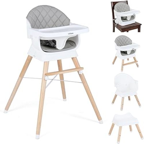INFANS Baby High Chair, 6 in 1 Wooden Convertible Highchair for Babies and Toddlers, Infant Dining Booster Seat Kids Stool with Adjustable Removable Tray (Light Grey)
