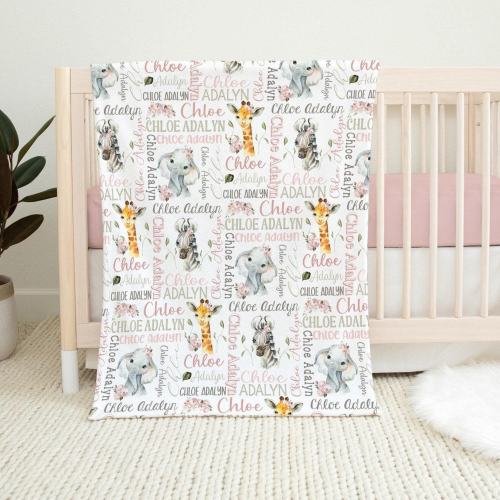 PERSONALIZED BABY GIRL Safari Animal Blanket Custom Pink Floral Safari Blanket Girl Safari Gift Elephant Zebra Giraffe Girl Name Blanket