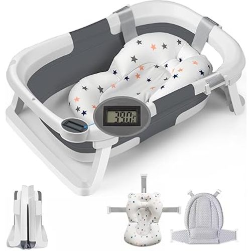 Baby Bath Tub Foldable Bathtub, Collapsible Toddler Bath Tubs with Baths Support Cushion Pad Seat Mat, Anti-Slip Portable Travel Shower Bathing Basin Folding Bathtubs for Newborn Toddler Infant (Grey)