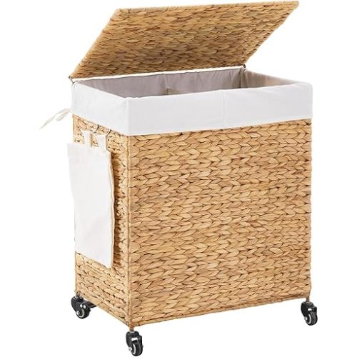 Handwoven Hamper with Lid, Laundry Basket with Wheels, Machine Washable Liner, 2 Section Clothes Hamper for Bathroom Laundry Room Bedroom(Natural, 125L)
