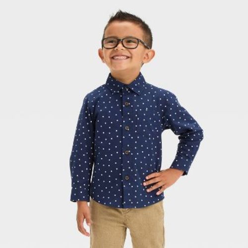 Toddler Boys' Long Sleeve Dot Printed 'Button-Down' Shirt - Cat & Jack™ Navy Blue 12M