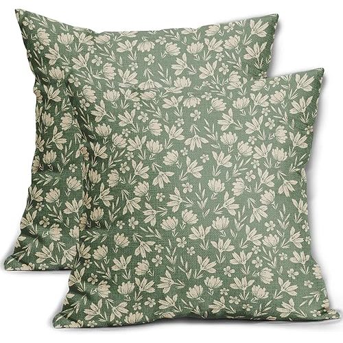 Spring Sage Green Pillow Covers 18x18 Set of 2 Vintage Floral Rustic Old Style Cute Flower French Print Decorative Outdoor Pillowcases Seasonal Farmhouse Throw Cushion Case Decor for Couch Sofa Bed