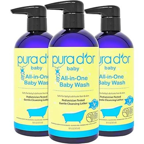 PURA D'OR All-in-One Baby Wash (16 Oz x3 = 48 Oz) USDA Biobased, Zero Sulfates, No Artificial Scents, Tear-Less, Hypoallergenic, Gentle, Calming 2-in-1 Baby Bath Wash & Shampoo