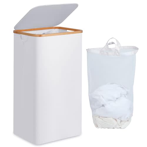 efluky Laundry Hamper with Lid, 100L Tall Laundry Basket with Bamboo Handles for Clothes and Toys, Collapsible Laundry Hamper with Inner Bag for Bedroom and Bathroom, White
