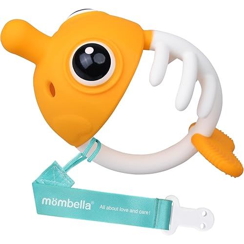 Mombella Clownfish Teethers for Babies 3-6 Months, Baby Teething Toys 6-12 Months with Lanyard to Attach on, Silicone Tether with Different Textures to Gnaw, Ergonomic for Little Hands, Saffron