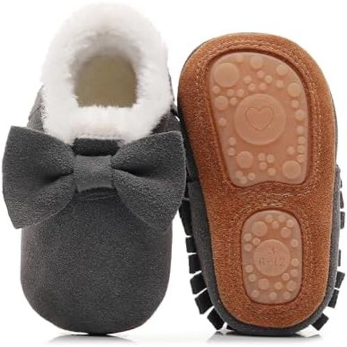 HONGTEYA Baby Moccasins with Fur Fleece Rubber Soles Warm Snow Boots Leather Baby Shoes for Boys Girls…