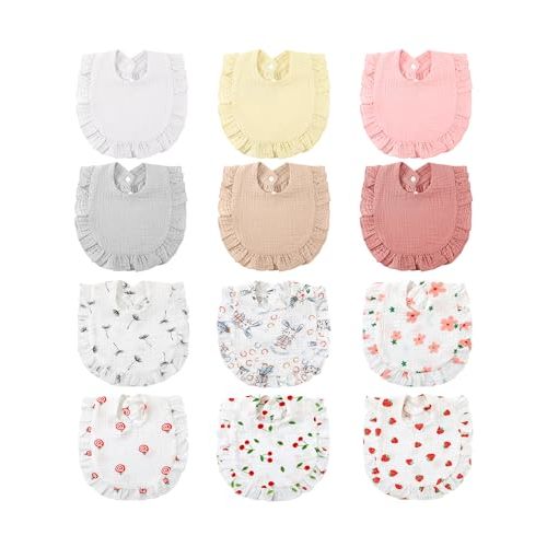 Geyoga 12 Pcs Baby Muslin Bibs Unisex Drool Teething Bibs, Adjustable Drool Bibs Feeding Cloth Baby Bibs for Baby Infants