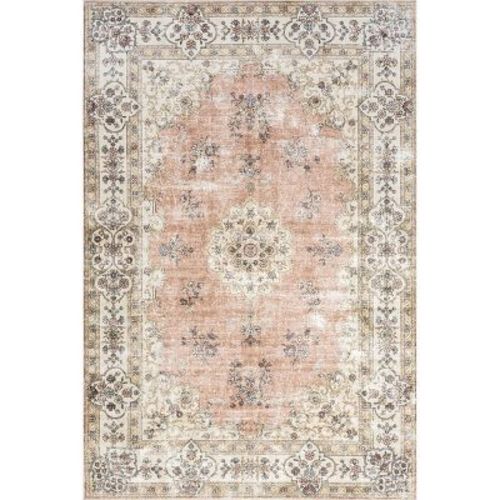 Nuloom Ren Medallion 6 Square Machine Washable Indoor Area Rug For Living Room Bedroom Dining Room Kitchen, Peach/ivory