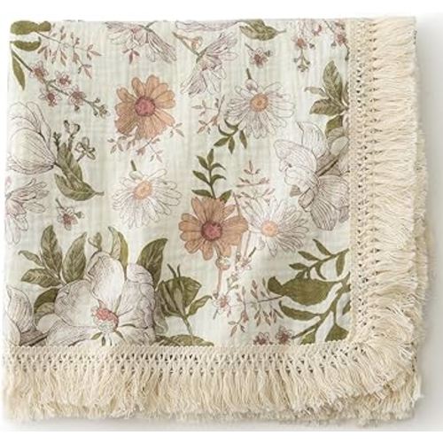 Little Jump Cotton Muslin Swaddle Blankets with Tassel, Boho Bohimia Muslin Baby Blanket Neutral with Fringe, Vintage Teddy Bear Nursery Decor Muslin Throw Blanket 47" x40" (Vintage Blossom)