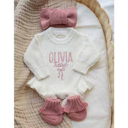 embroider baby knit ruffle chunky knit romper personalize newborn outfit bow booties announcement photo  coming home outfit shower gift idea