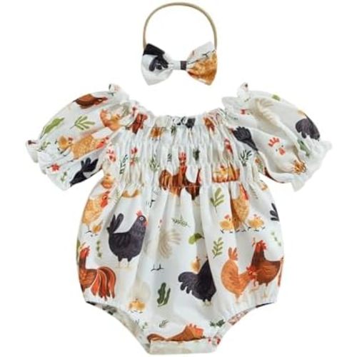 Newborn Baby Girl Farm Outfit Chicken Print Short Sleeve Romper Smocked Bodysuit Headband Infant Country Clothes