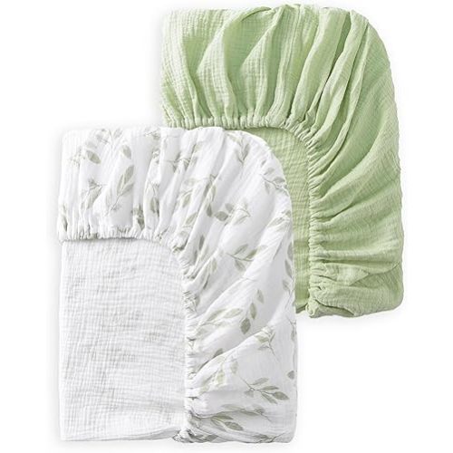 Baby Crib Sheets 2 PCS, 100% Organic Cotton Crib Sheet for Standard Crib Mattress(52”x 28”), Fitted and Soft Breathable Muslin Crib Mattress Sheet for Girl and Boy (Leaves, Green)