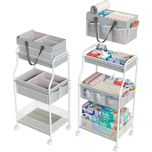 2 In1 Baby Diaper Caddy Organizer & Storage Cart, 3-Tier Rolling Diaper Organizers with Divider and 12 Pocket,Nursery Bedside Caddy Utility Cart for Baby Clothes & Dresser Baby Bottle -Baby Essential