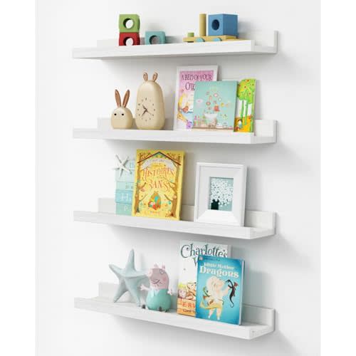 Forbena 24 Inch White Floating Shelves for Wall Set of 4, Wood Nursery Book Shelves for Kids Bedroom, Long Picture Ledge Shelf with Lip for Living Room Bathroom Office and Baby Wall Bookshelf