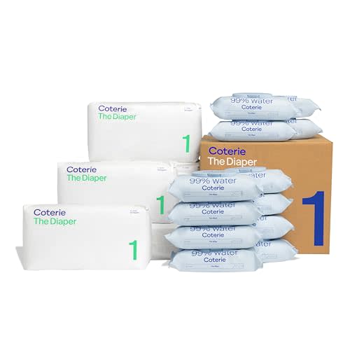 Coterie Baby Diapers + Wipes Baby Kit, Size 1 (198 Count) + 12 Wipe Packs (672 Wipes) Made with Plant Derived Fibers, Hypoallergenic, Designed for Sensitive Skin, Clean Ingredients