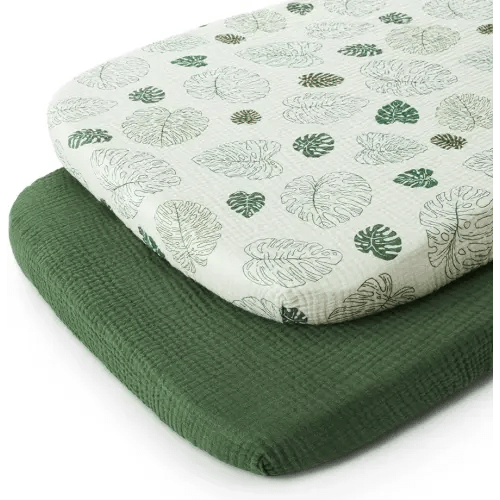 Muslin Bassinet Sheet for Baby Boy and Girl, Ultra Soft Bedside Bassinet Sheets Fitted for Oval, Rectangle and Hourglass Mattress Pad, 2 Pack (Monstera Leaves&Dark Green)