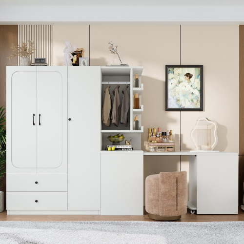 Multifunctional Wardrobe with 2 Doors and Hanging Rod, Wooden Clothes Closet with Convertible Desk and Storage Drawers Multi-storage Spaces, for Bedroom, Cloak Room, Laundry, White
