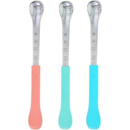 Nuby 2-in-1 Stainless Steel and Silicone Baby Weaning Spoons with Long Handles - 6+ Months, 3-Pack