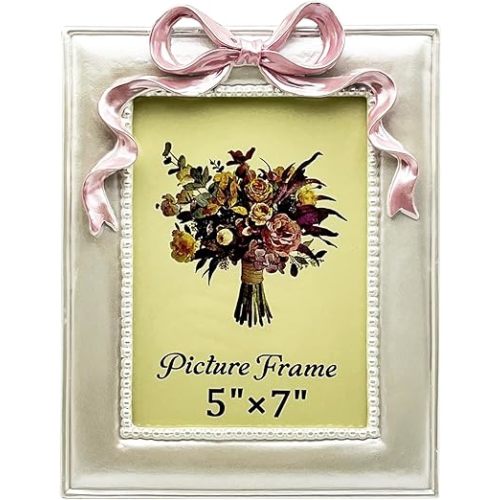 Vintage Picture Frame 5x7 Inch, Antique Ornate Photo Frames with Glass Front, Cute Bow Design, Tabletop & Wall Hanging, Photo Display, Gift Ideas, Pearly White