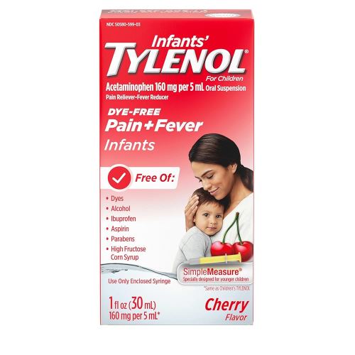 Infants' Tylenol Oral Suspension Liquid Medicine with Acetaminophen, Baby Fever Reducer & Pain Reliever for Minor Aches & Pains, Sore Throat, Headache & Teething Pain, Dye-Free Cherry, 1 fl. oz