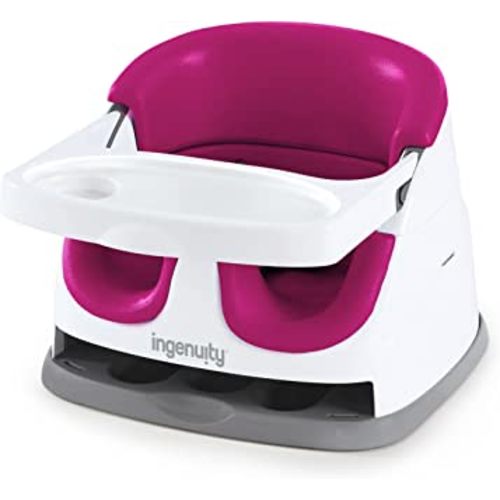 Ingenuity Baby Base 2-in-1 Booster Feeding and Floor Seat with Self-Storing Tray - Pink Flambe (Pack of 1)