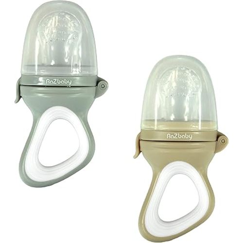 RaZbaby Baby Solids/Frozen Fruit Feeder Pacifier, Infant Teether Toy 6M+, BPA-Free Silicone Pouch & Nipple, Safely Introduce Solids, Teething Relief, Dishwasher Safe, Freezable, 2-Pack – Grey & Tan