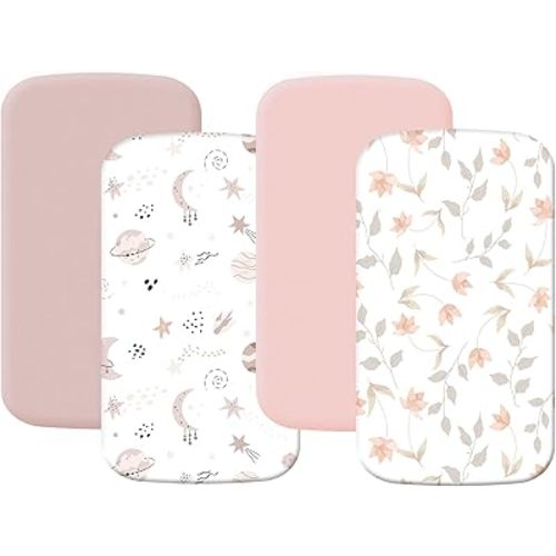 4 Pack Stretchy Bassinet Sheets 20" x 35" Compatible with Newton, Ezebaby, Angelbliss, AMKE(3 in 1) & Other Large Bedside Sleeper - Soft Breathable Fitted Bassinet Sheets for Baby- Light Pink & Star