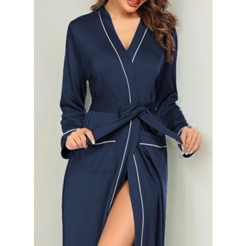 Ekouaer Women Kimono Robes Full Length Knit Bathrobe Lightweight Soft Sleepwear V-neck Casual Ladies Loungewear S-XXL