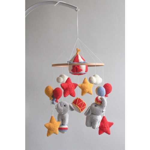 Vintage circus baby mobile. Elephant, balloons, tent and stars nursery decor.