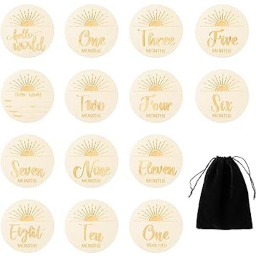 R HORSE 8Pcs Wooden Baby Monthly Milestone Cards with Birth Announcement Sign Engraved Boho Sun Hello World Baby Months Sign Monthly Milestone Discs Newborn Nursery Decor Gift Photo Props for Boy Girl