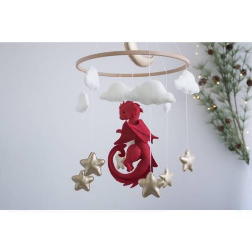 Red Dragon nursery baby mobile, Neutral babymobile, Felt hanging toy, Fantasy baby nursery, Golden moon and stars, Baby shower gift