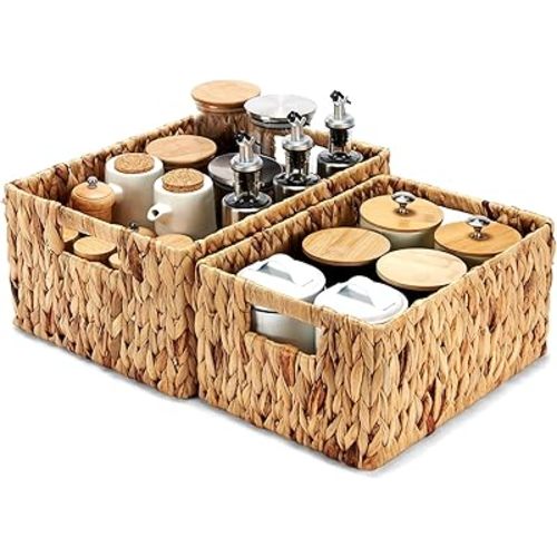 Wicker Baskets 2 Pack, Water Hyacinth Wicker Storage Basket with Handles, Large Rectangular Wickers Baskets for Organizing, Natural