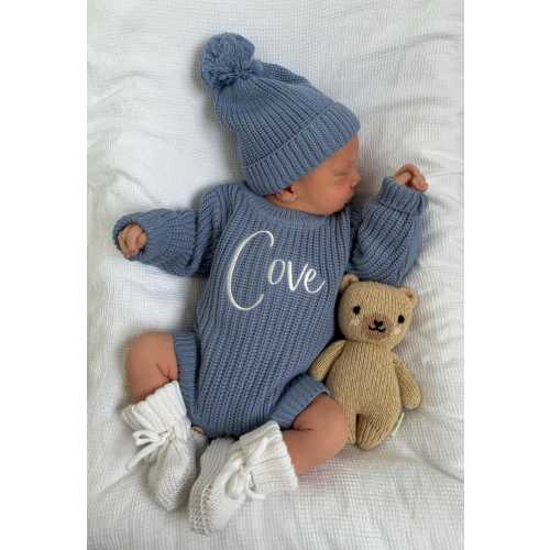 Blue Embroidered Personalised White Baby Chunky Knit Romper | Coming Home PhotoAnnouncement | First Personalised Outfit | Knitted Hat